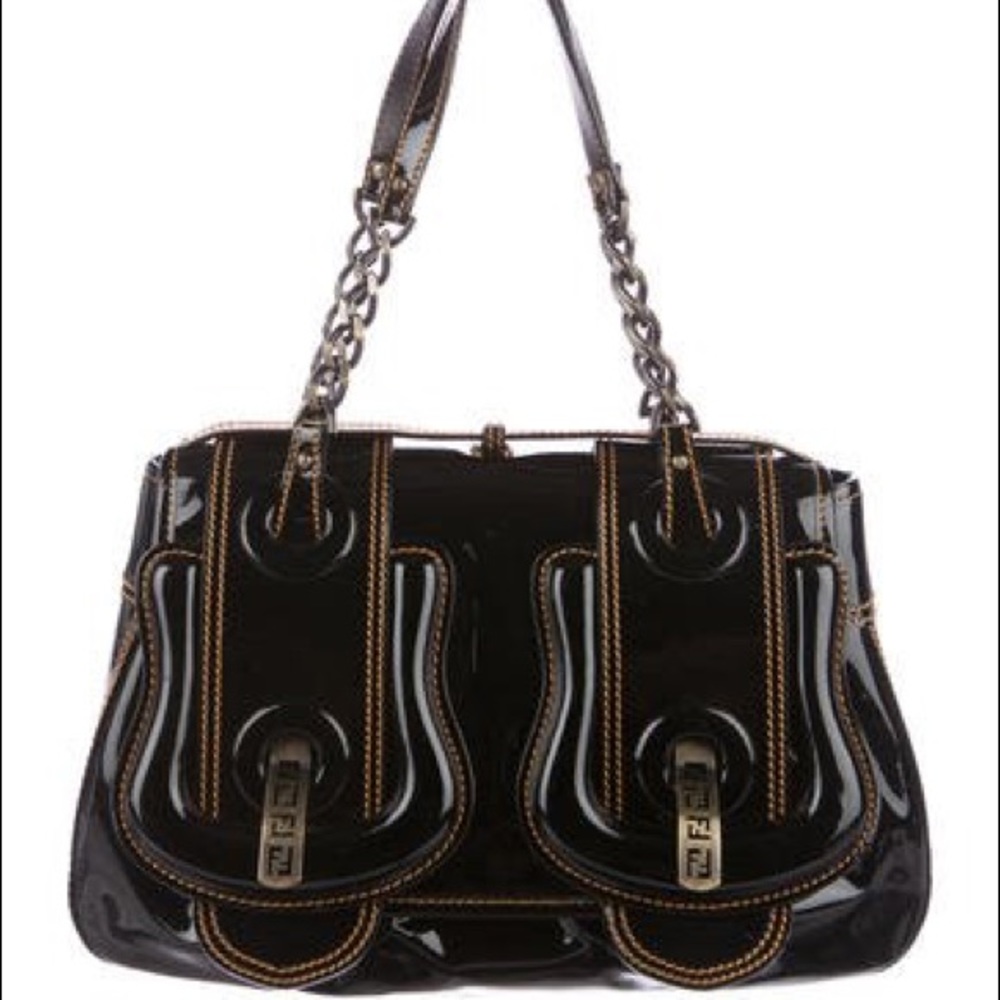 AUTHENTIC BLACK FENDI B BAG WITH TAN STITCHING